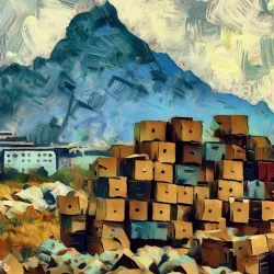 A mountain of boxes in front of factory, van Gogh
